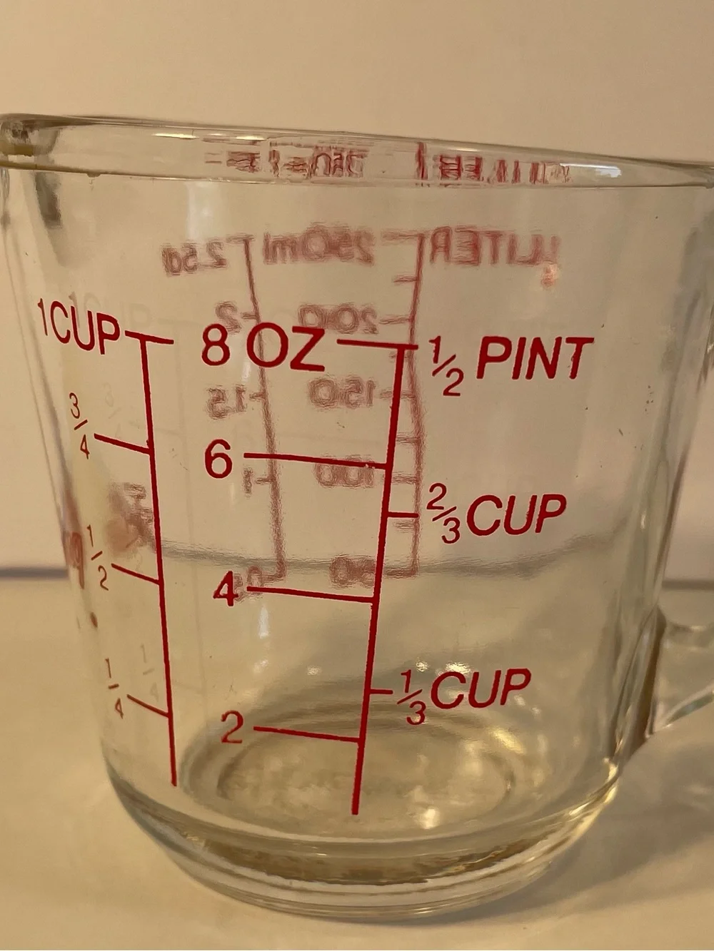 Vintage Fire-King 1 Cup Glass Measuring Cup Anchor Hocking Red Graphics USA
